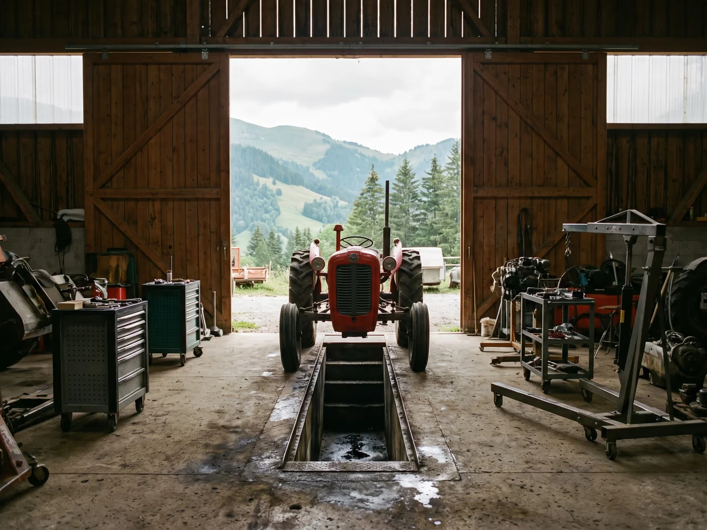 Un tracteur rouge sur la fosse de l'atelier