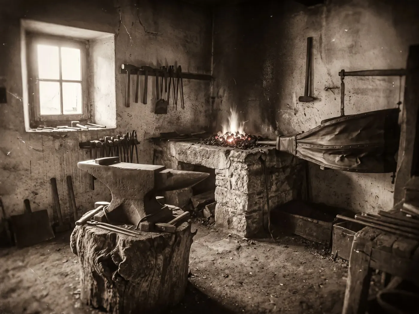 Une forge de village, enclume et foyer