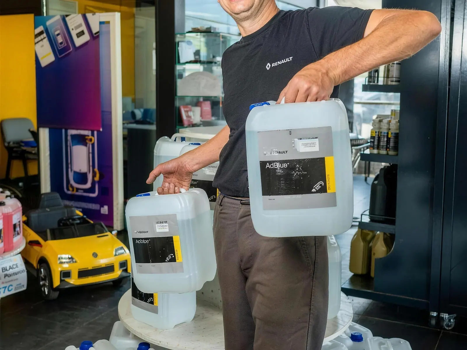 Un conseiller portant des bidons d'AdBlue dans le hall de l'agence