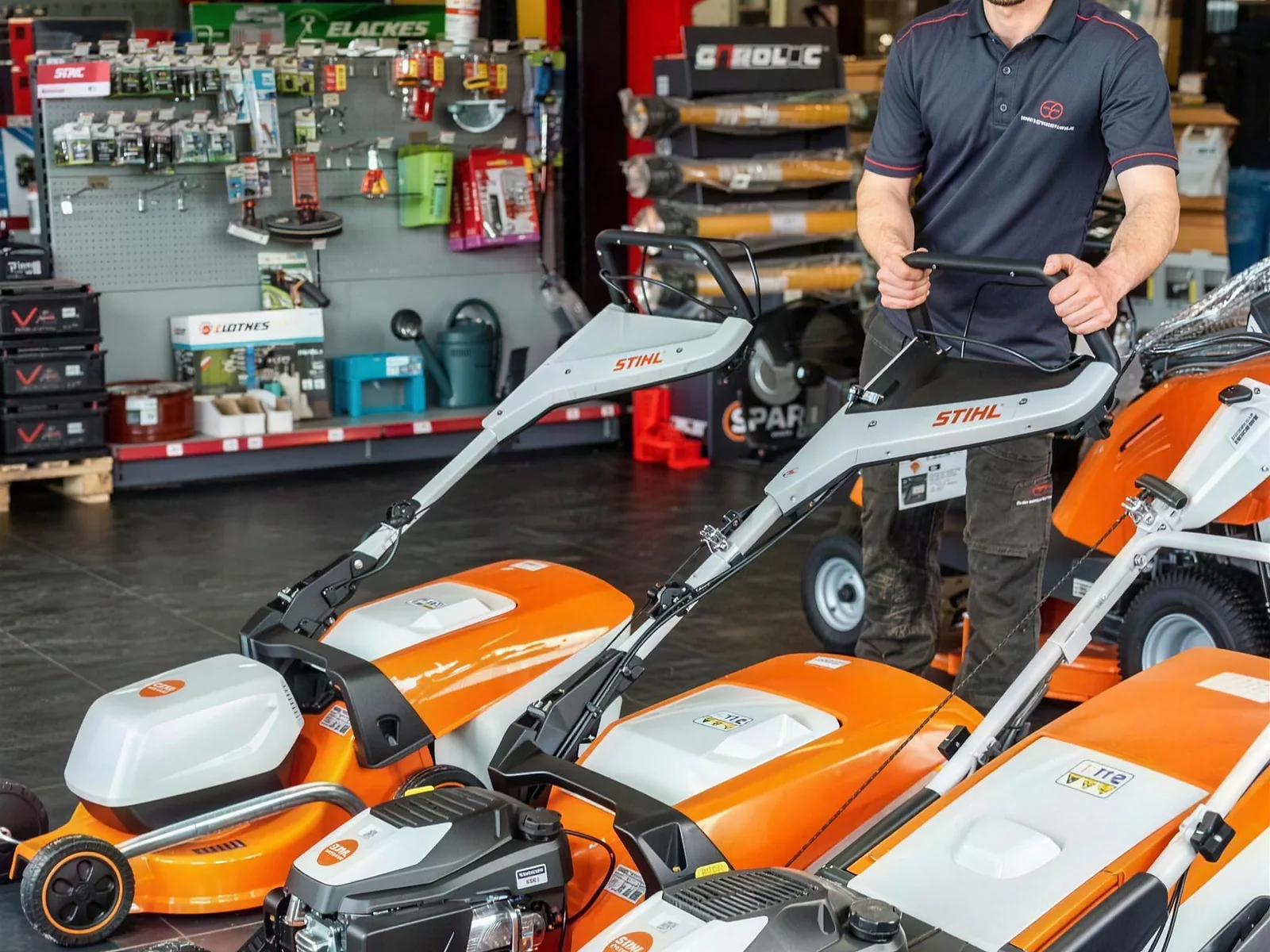 Des tondeuses Stihl alignées dans le magasin, un vendeur derrière
