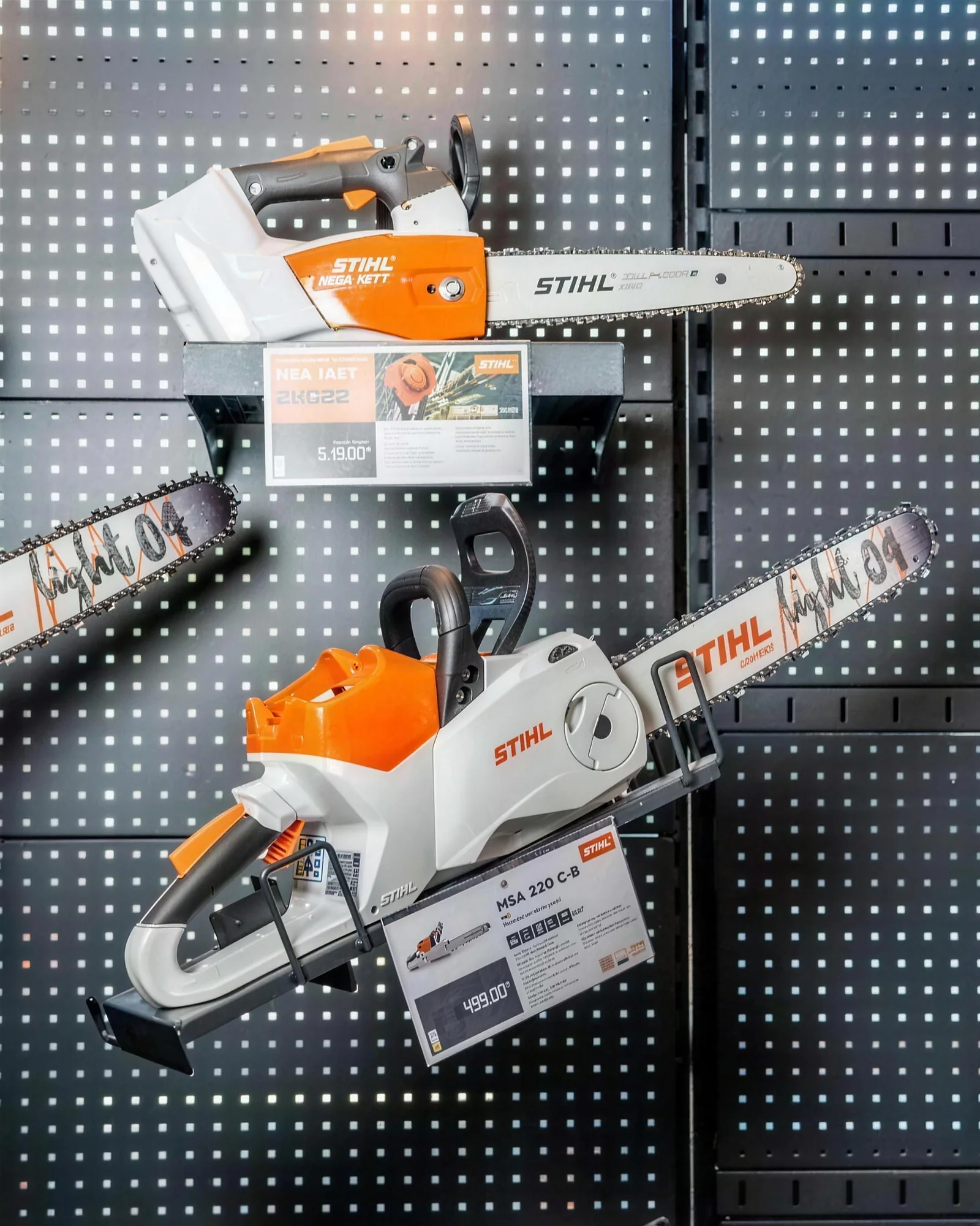Le mur des tronçonneuses Stihl, étiquetées et prêtes à la vente
