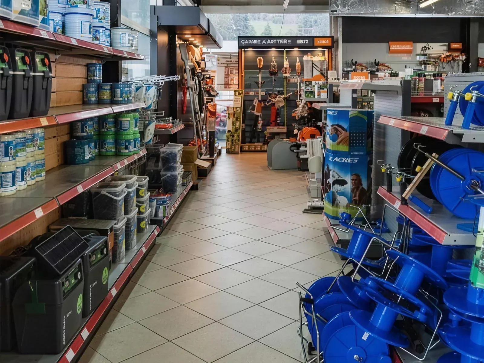 L'allée du magasin espaces verts, matériel portatif et consommables en rayon